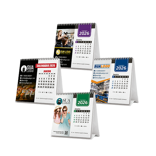 CALENDÁRIO DE MESA ( BASE + 6 LAMINAS ), base cartão supremo duo 300 gr., 13,5X35, 4x0cores, 6 lâminas couche brilho 115 gr., 13X13cm, 4x4 cores com Wire-o.